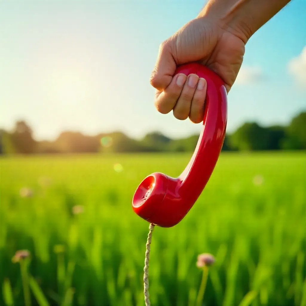 Hand Lifts Red Rotary Phone in Green Field