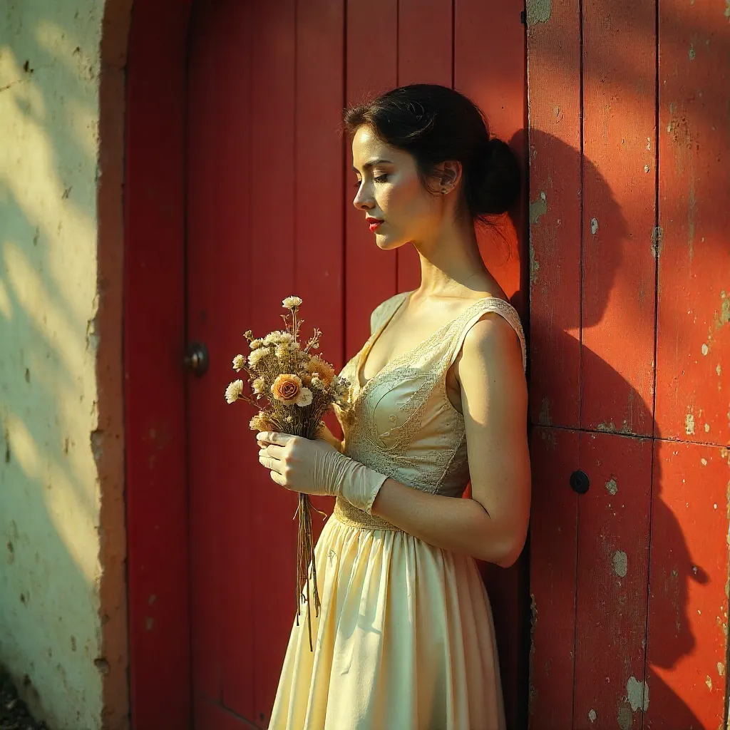 Elegant Vintage Woman with Dry Flowers by a Red Door