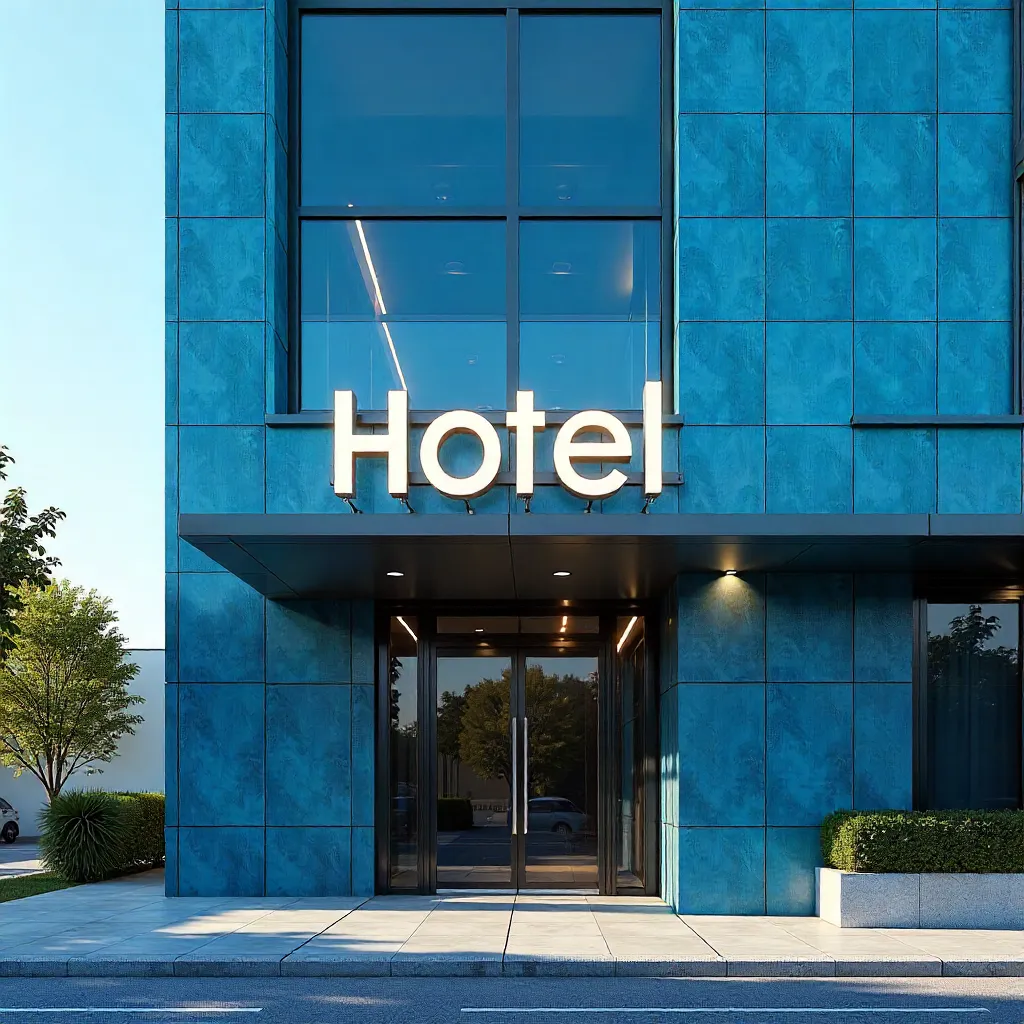 Bright Hotel Sign on Blue Tile Facade