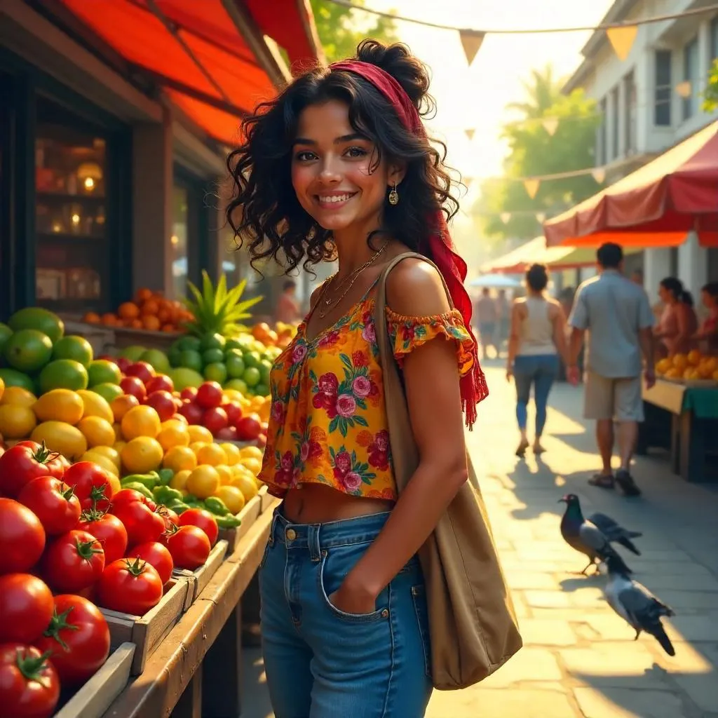 Cheerful Latina at the Farmers Market – Concept Art
