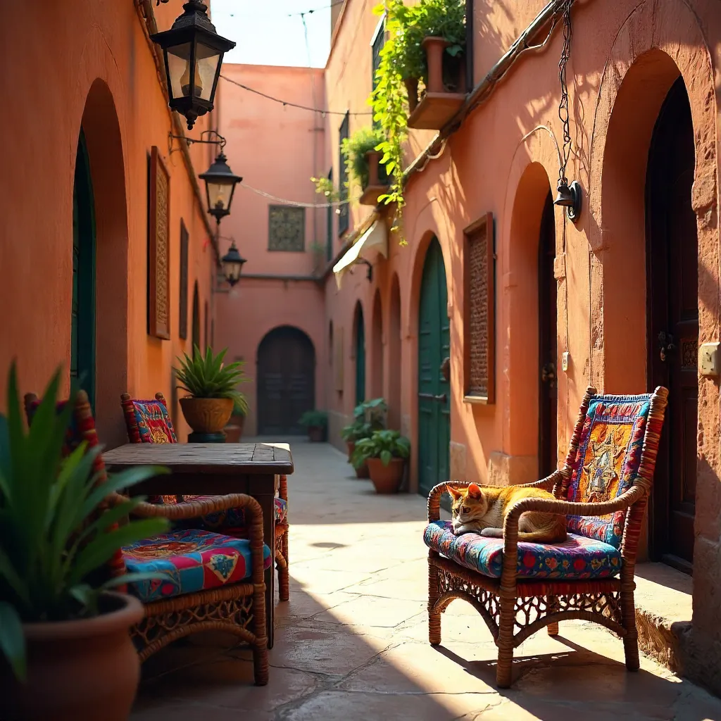 Charmed Marrakech Alley with a Cat on Colorful Chairs