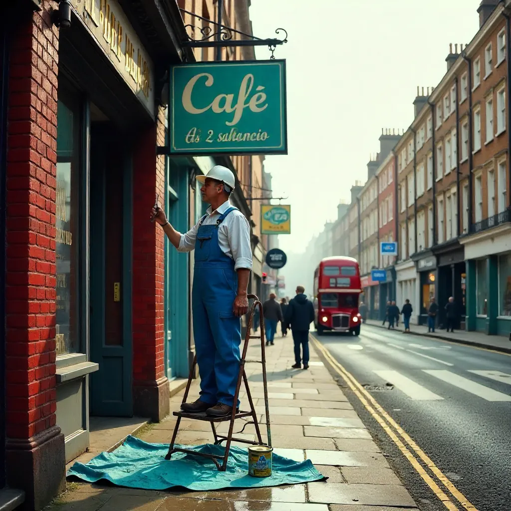 Blue Overalls Worker Painting Abbey Road Cafe Sign