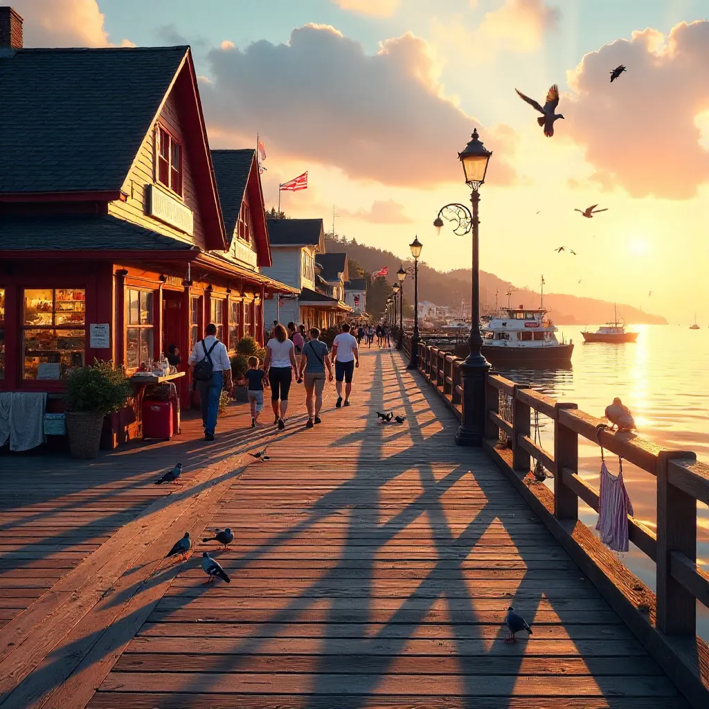 Golden Hour Pier: Visitors, Pigeons, and Nearby Store