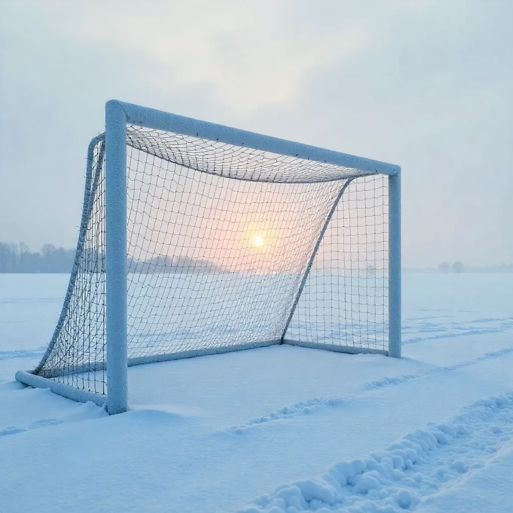 Isolated Soccer Goal in a Snow-Covered Winter Field