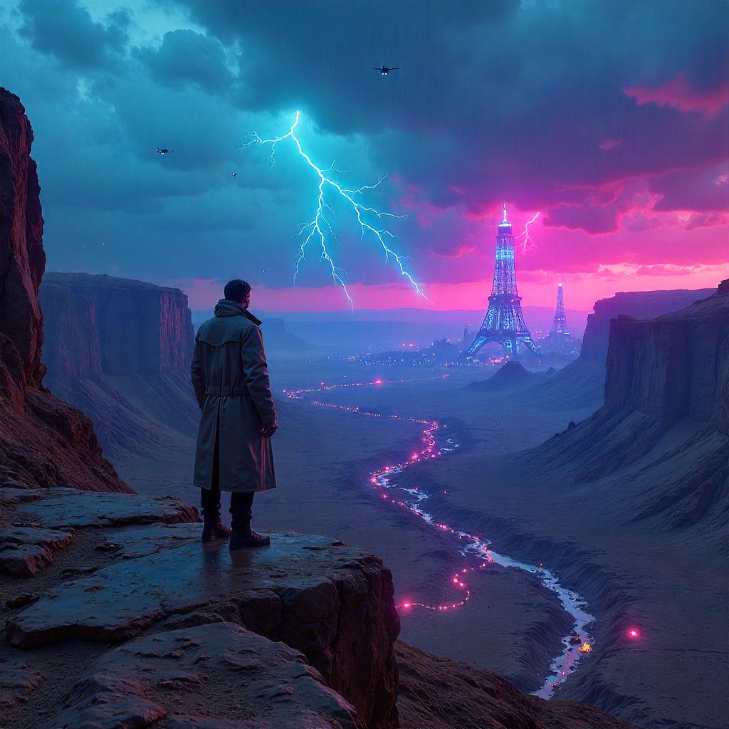 Neon Lightning Over a Mesa: Cyberpunk Desert