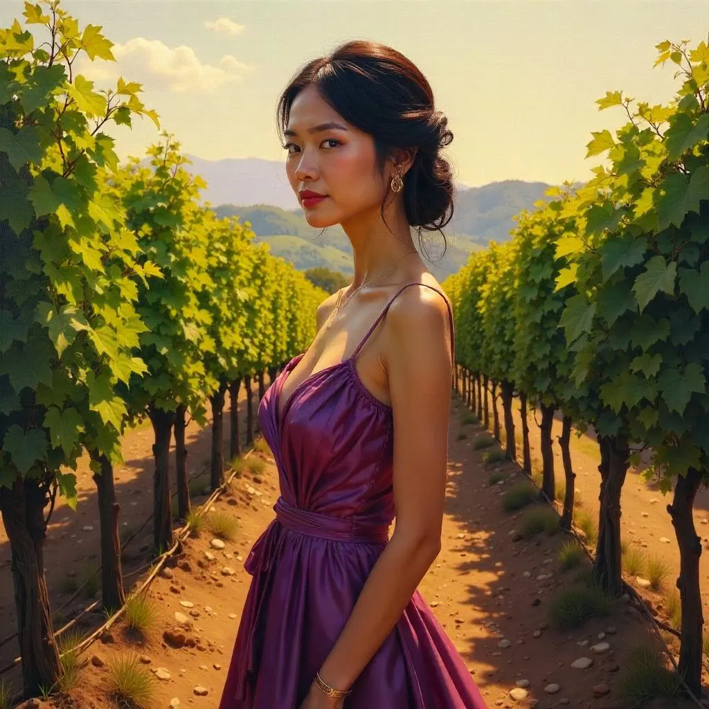 Elegant Asian Woman in a Vineyard - Oil Painting