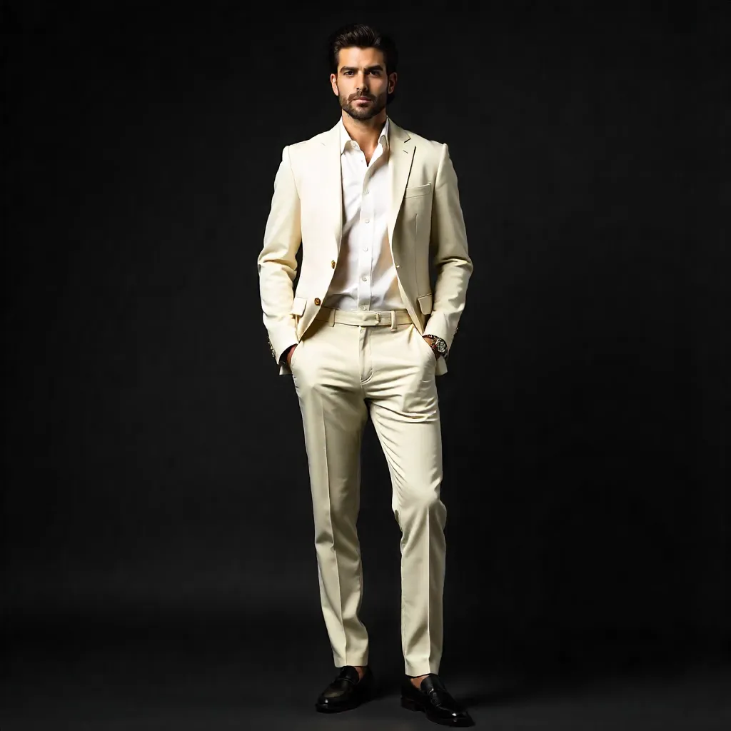 Cream Suit, Dark Backdrop: London Elegance
