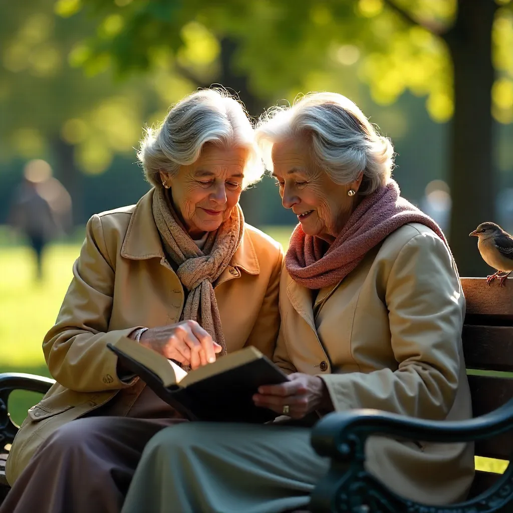 Sunlit Park Bench: Two Senior Women Reading