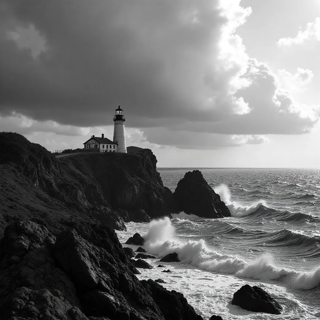 Lone Lighthouse Under Dramatic Clouds in Black and White
