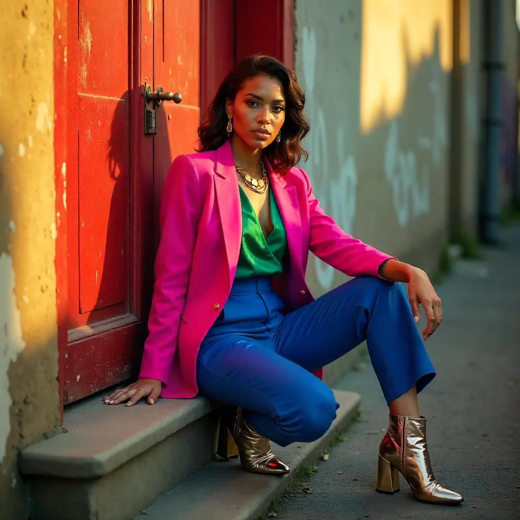 Confident Fashion by a Worn Red Door