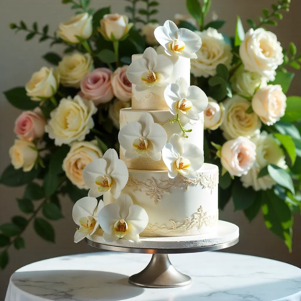 Elegant Wedding Cake with White Orchids and Floral Backdrop