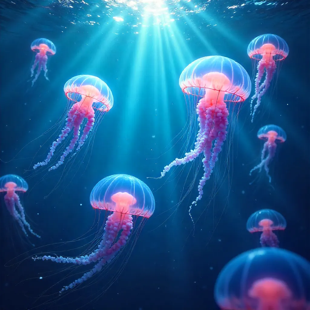 Bioluminescent Jellyfish Swarm: An Underwater Ballet