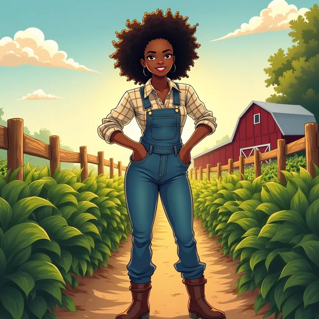Confident Black Woman on a Farm in Anime Style