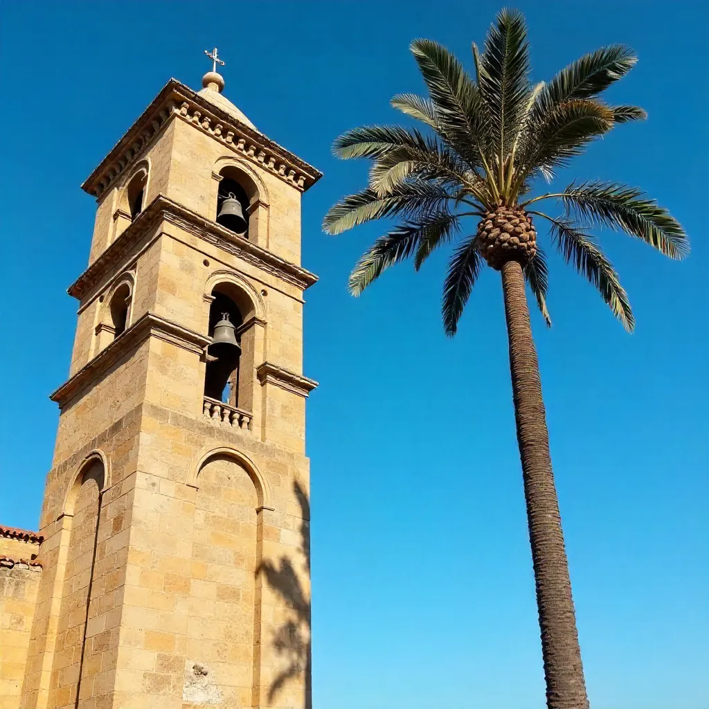 Historic Bell Tower & Tall Palm Under Blue Sky