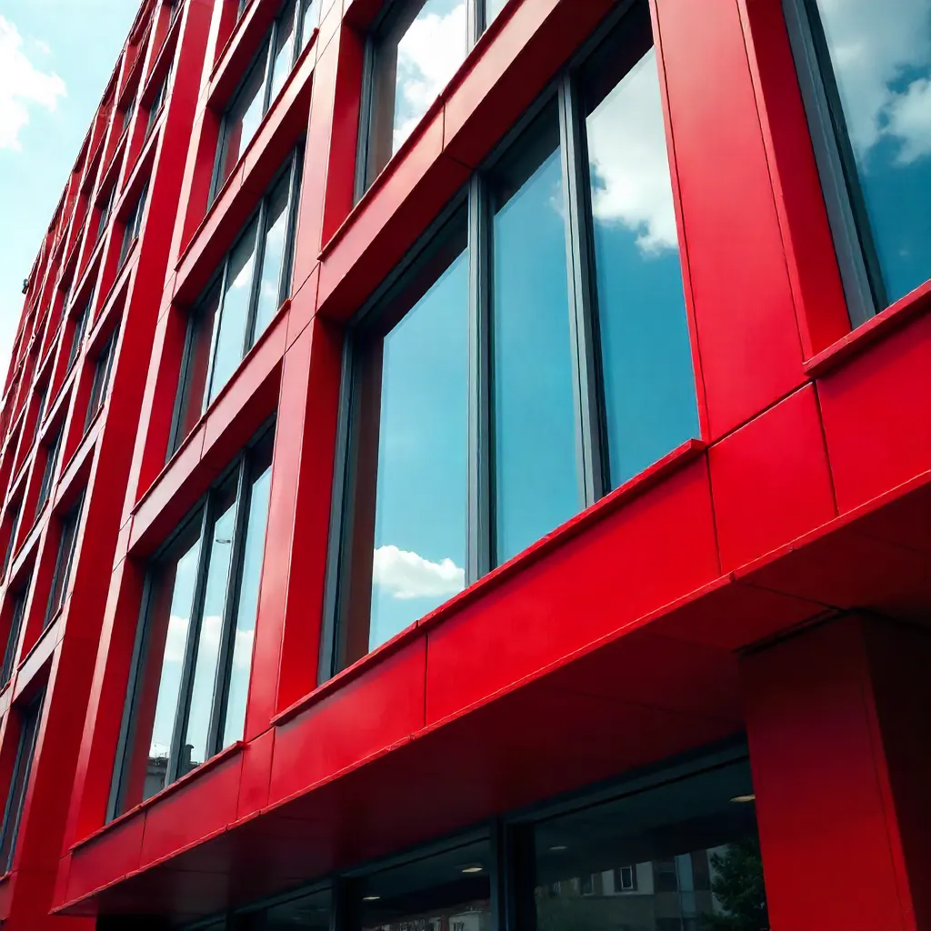 Crimson Modern Facade with Reflective Glass