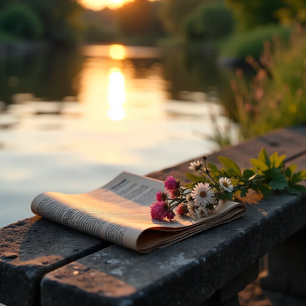 Sunset Serenity: Newspaper and Flowers on a Stone Bench