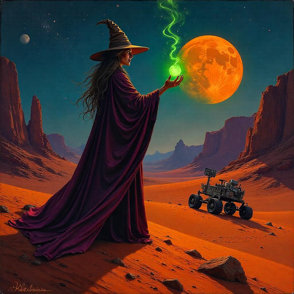 Witch Under Martian Skies in Oil Painting