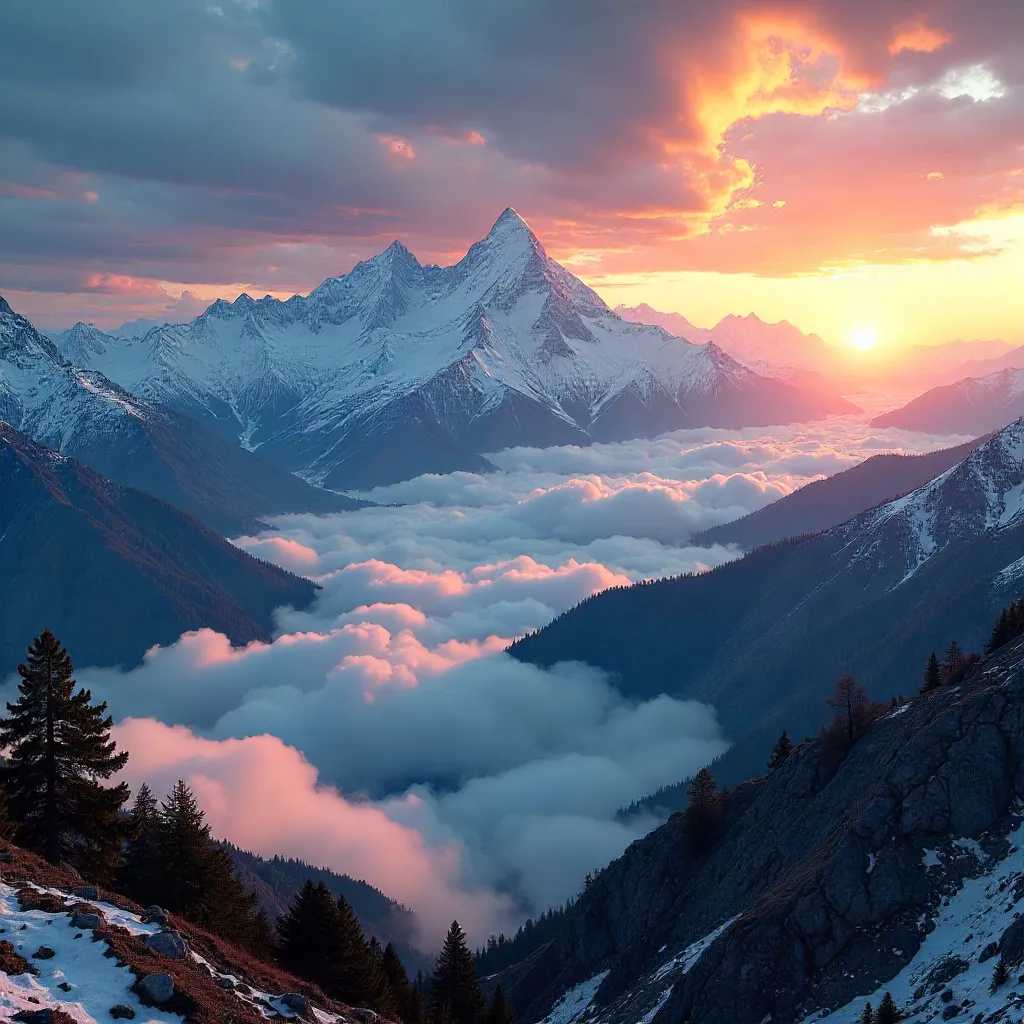 Sunrise over Nepal's Himalayan Peaks with Dramatized Clouds