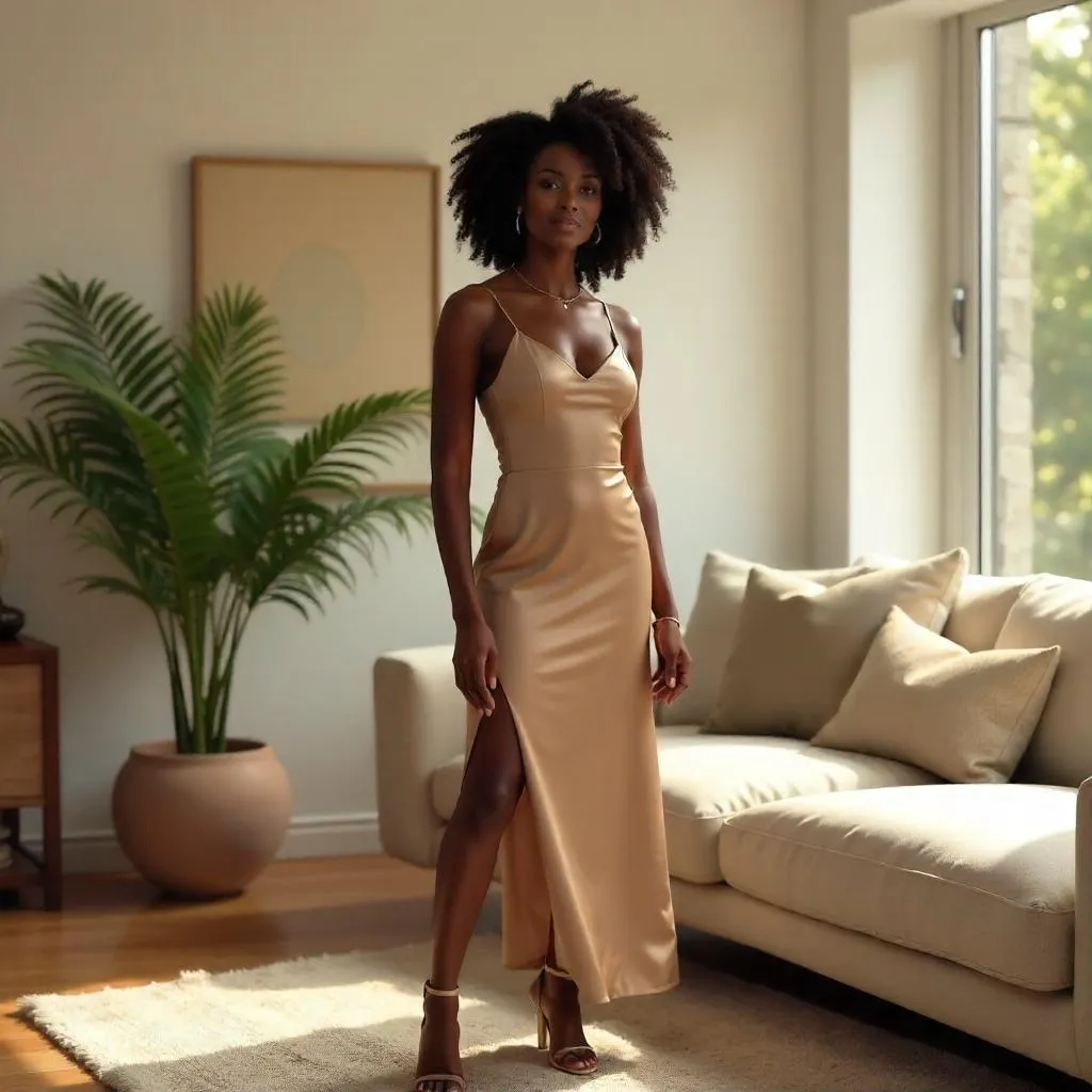 Elegant Black Woman in a Photorealistic Living Room