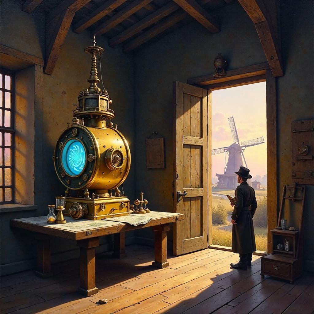 Time Machine in an Old Windmill (Oil Painting)