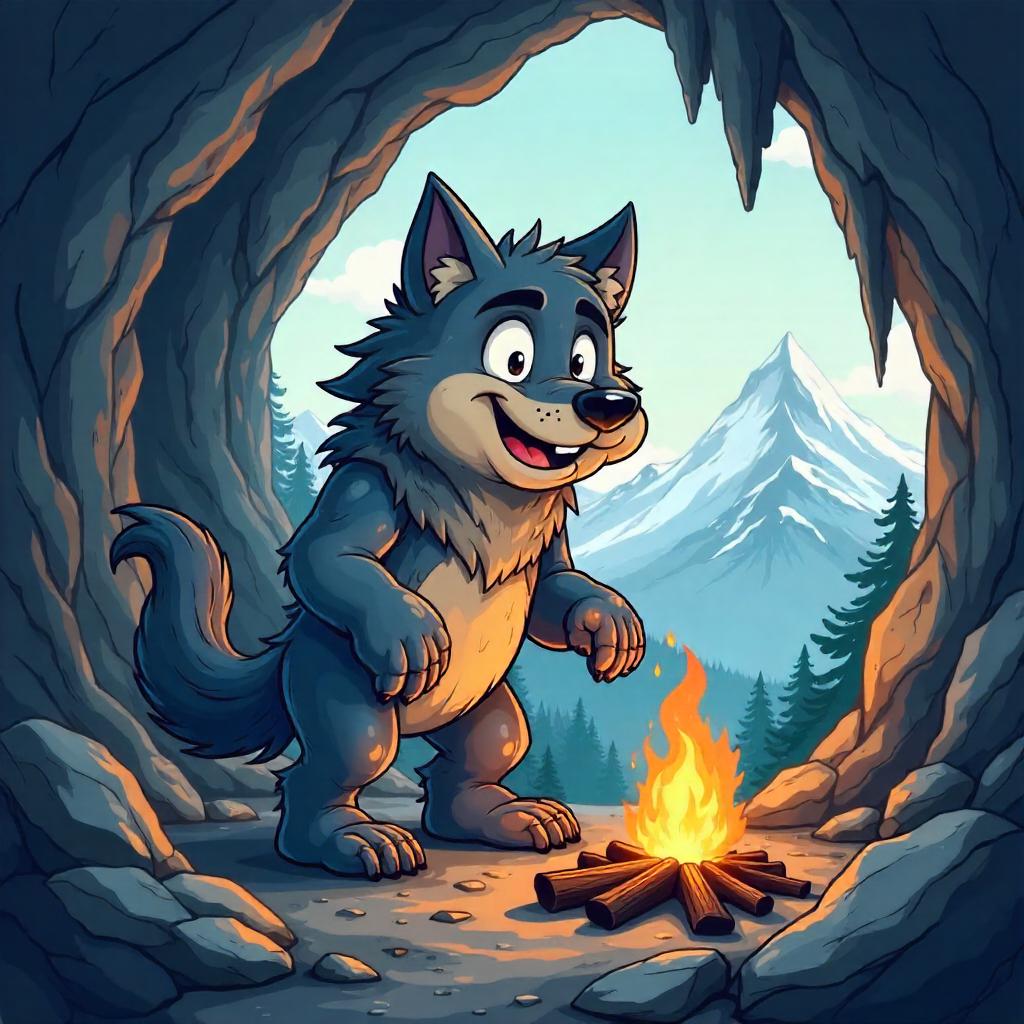 Playful Cartoon Werewolf in a Mountain Cave