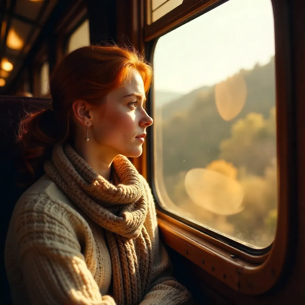 Red-Haired Woman on a Train: Thoughtful Gaze
