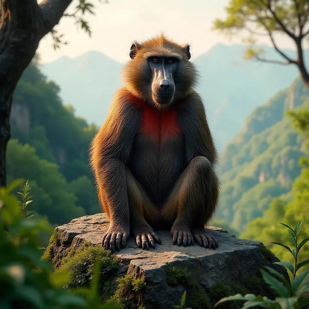 Regal Gelada on a Mossy Rock in Lush Greenery