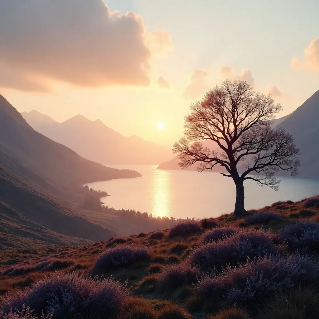 Silhouette of a Lone Tree in Misty Scottish Sunrise