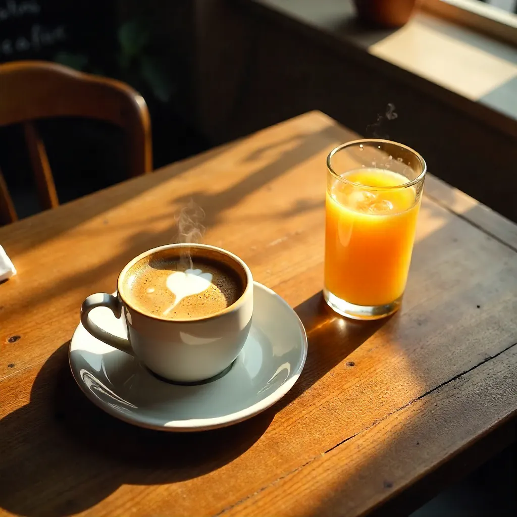 Overhead Cozy Café Table with Cake, Coffee, and Juice