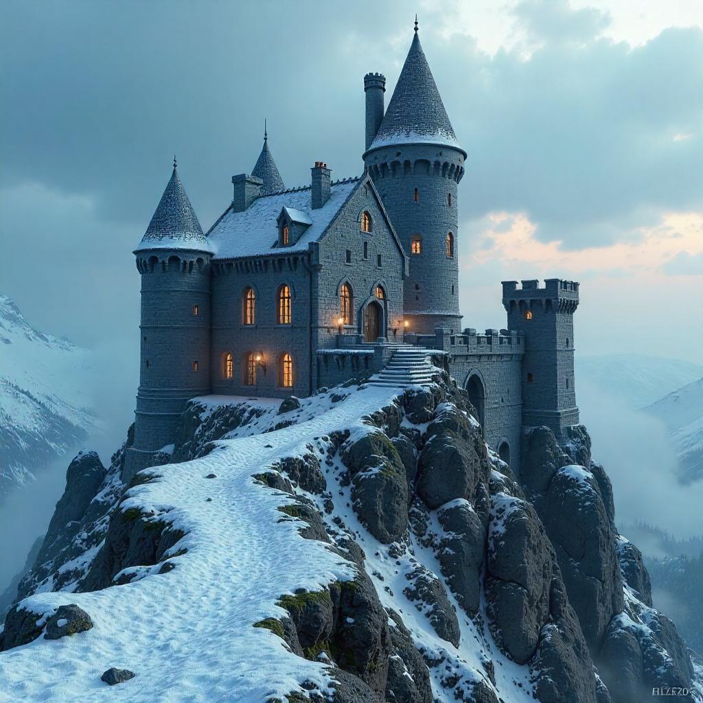 Castle on a Snowy Summit (3D Render)