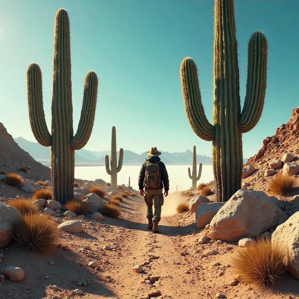 Explorer Among Giant Cacti on Uyuni's Rocky Desert