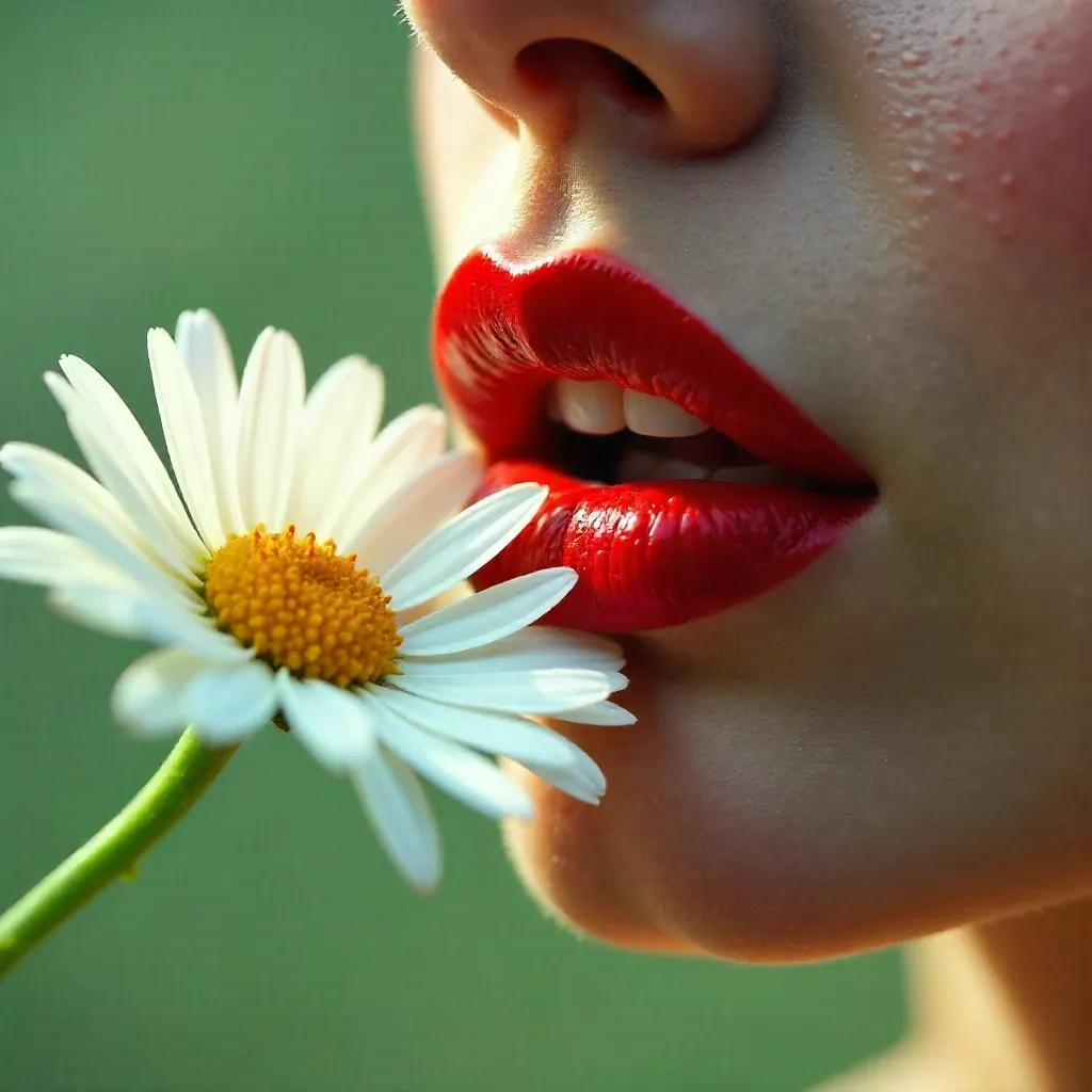 Crimson Lips with a White Daisy: Close-Up