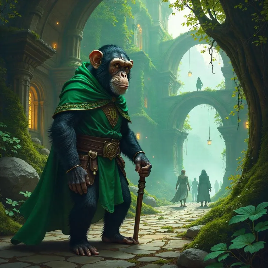 Chimpanzee Concept Art in an Elven City