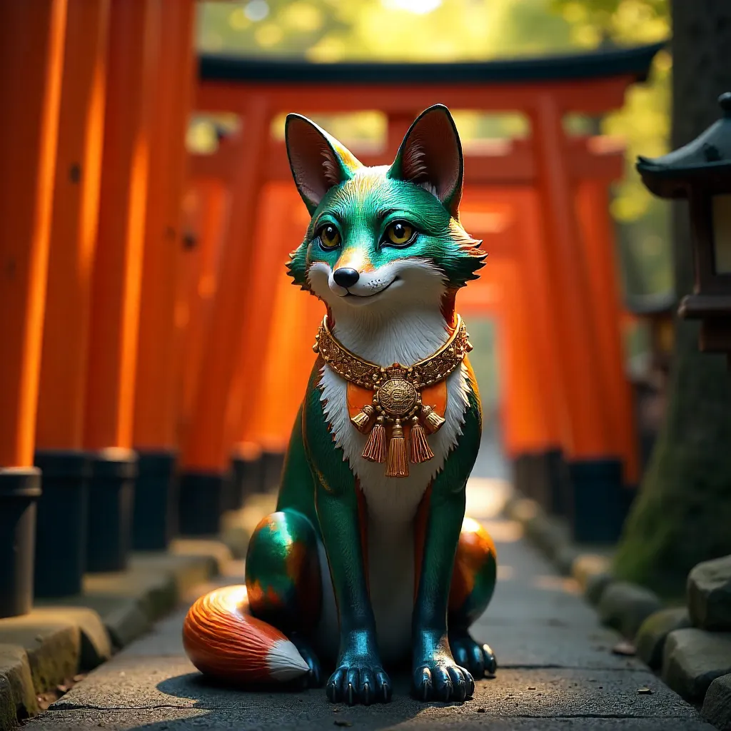 Vibrant Fox Statue Among Kyoto Torii Gates