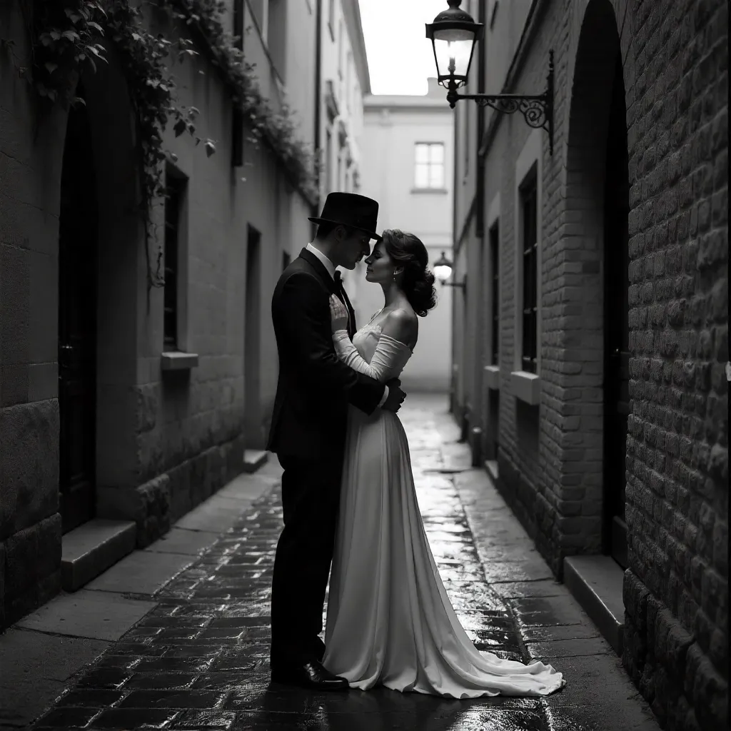 Embrace in a Historic Alley - Black and White