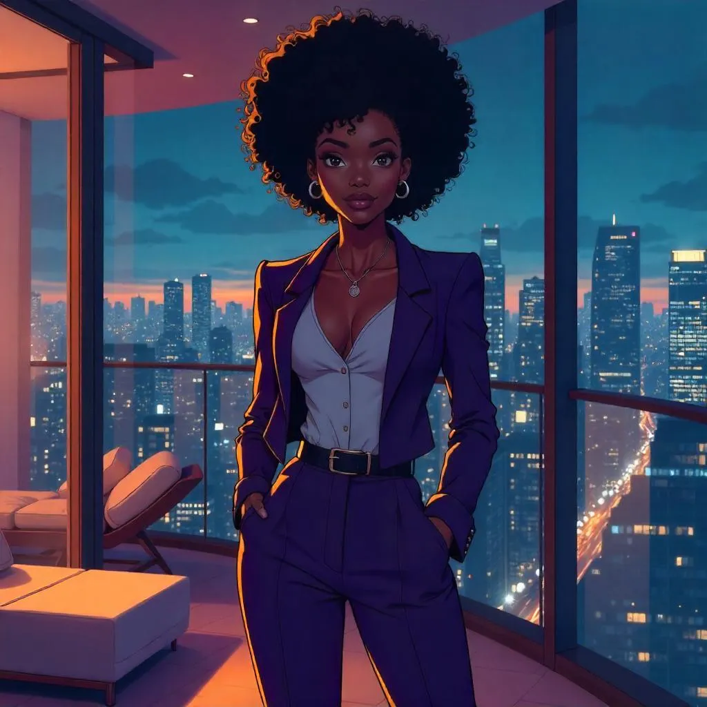 Confident Black Woman in Anime Penthouse