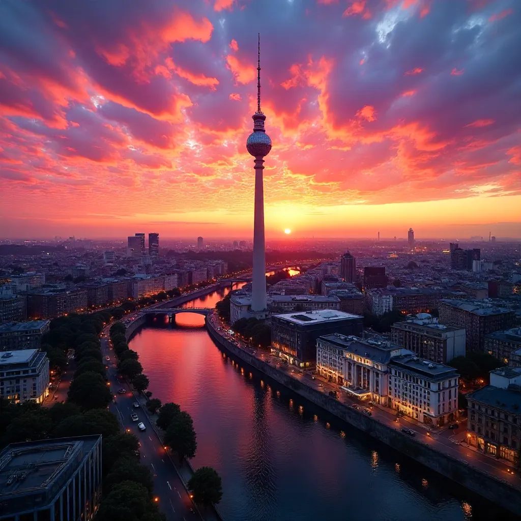 Aerial Sunset over Berlin: TV Tower at Dusk