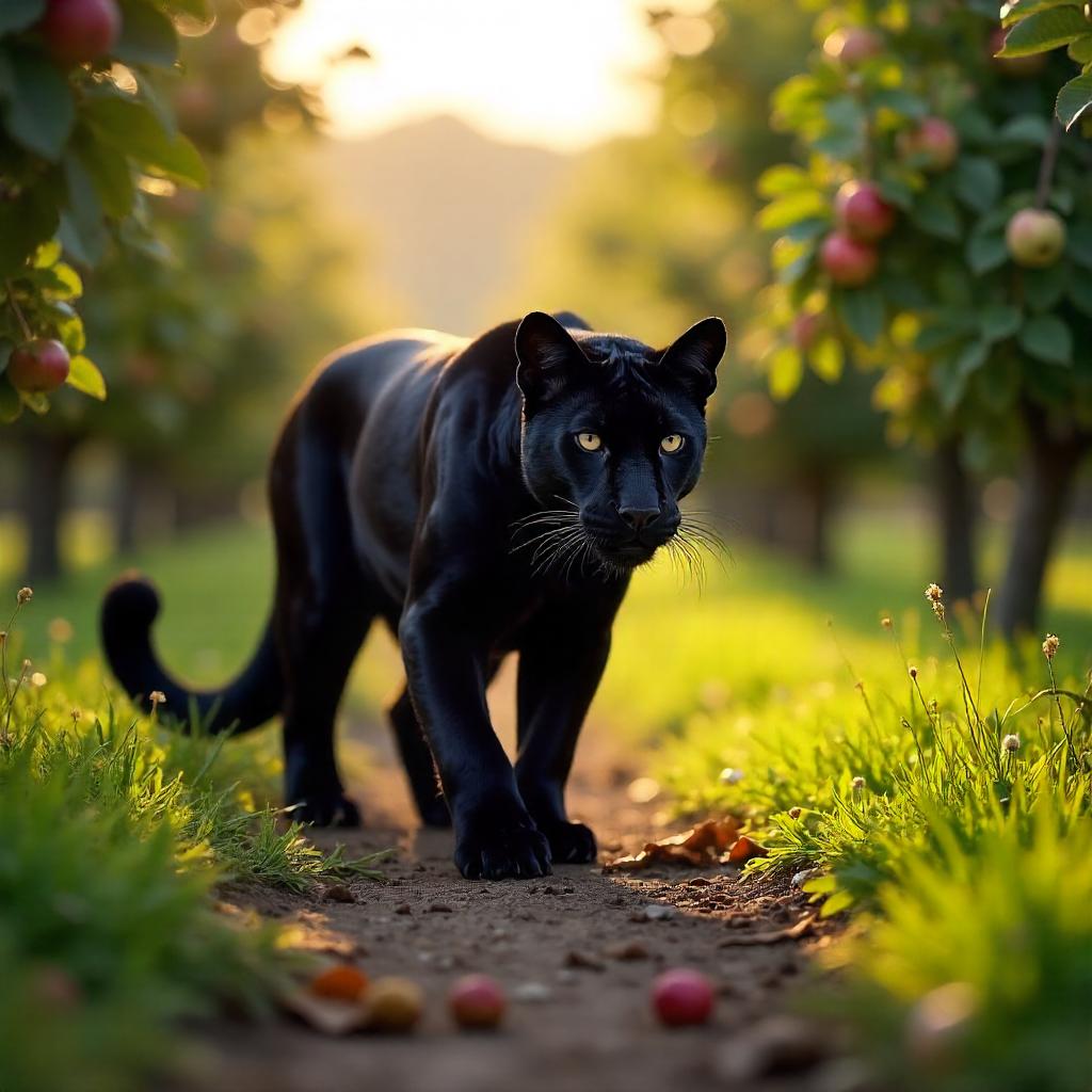 Photorealistic Panther in an Orchard at Golden Hour