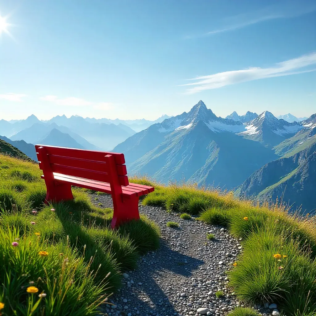 Lonely Red Bench Over Tirol: Snow-Capped Alps