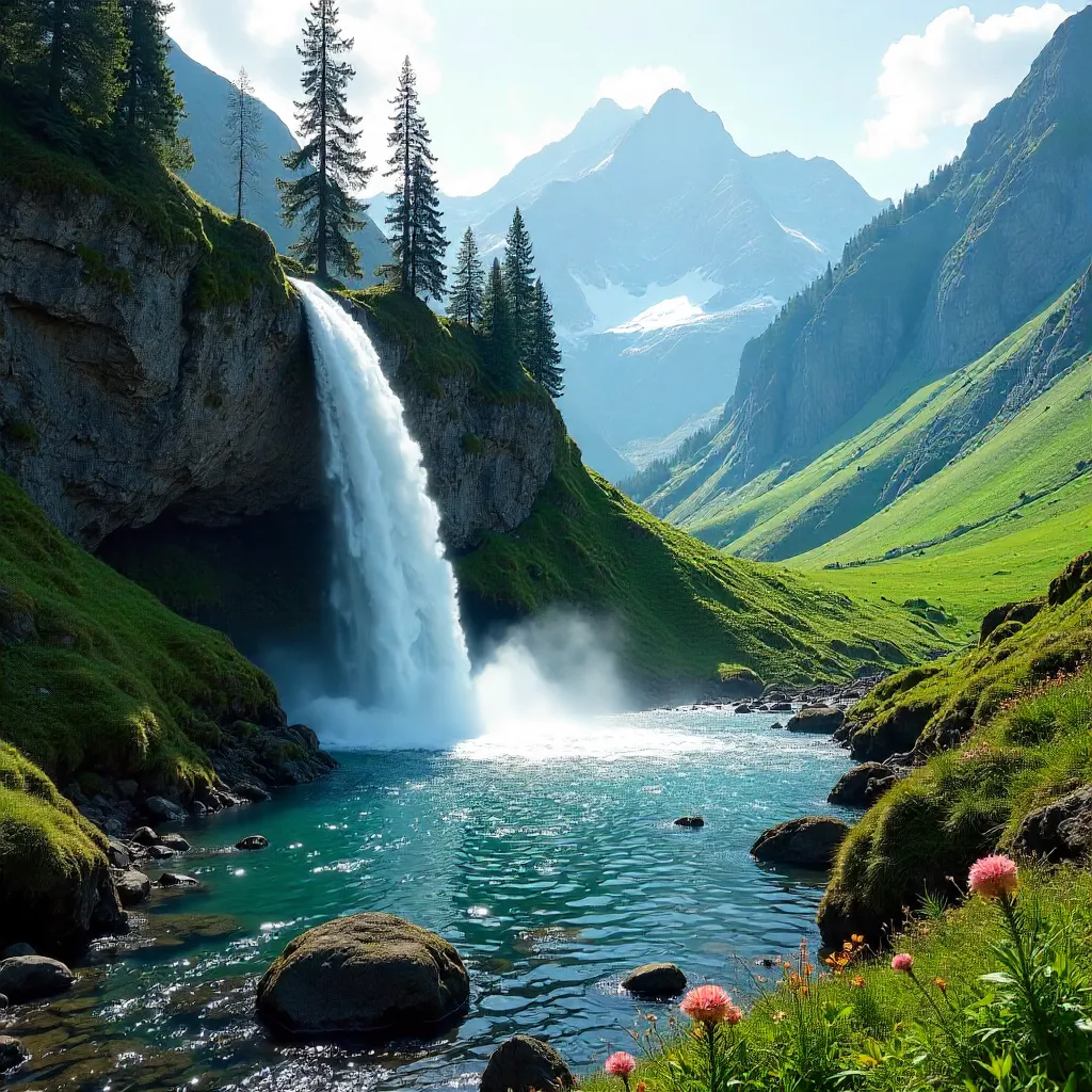 Serene Mountain Waterfall Over Mossy Rocks