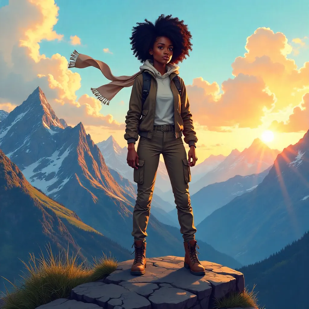 Confident Black Woman in Anime Mountains