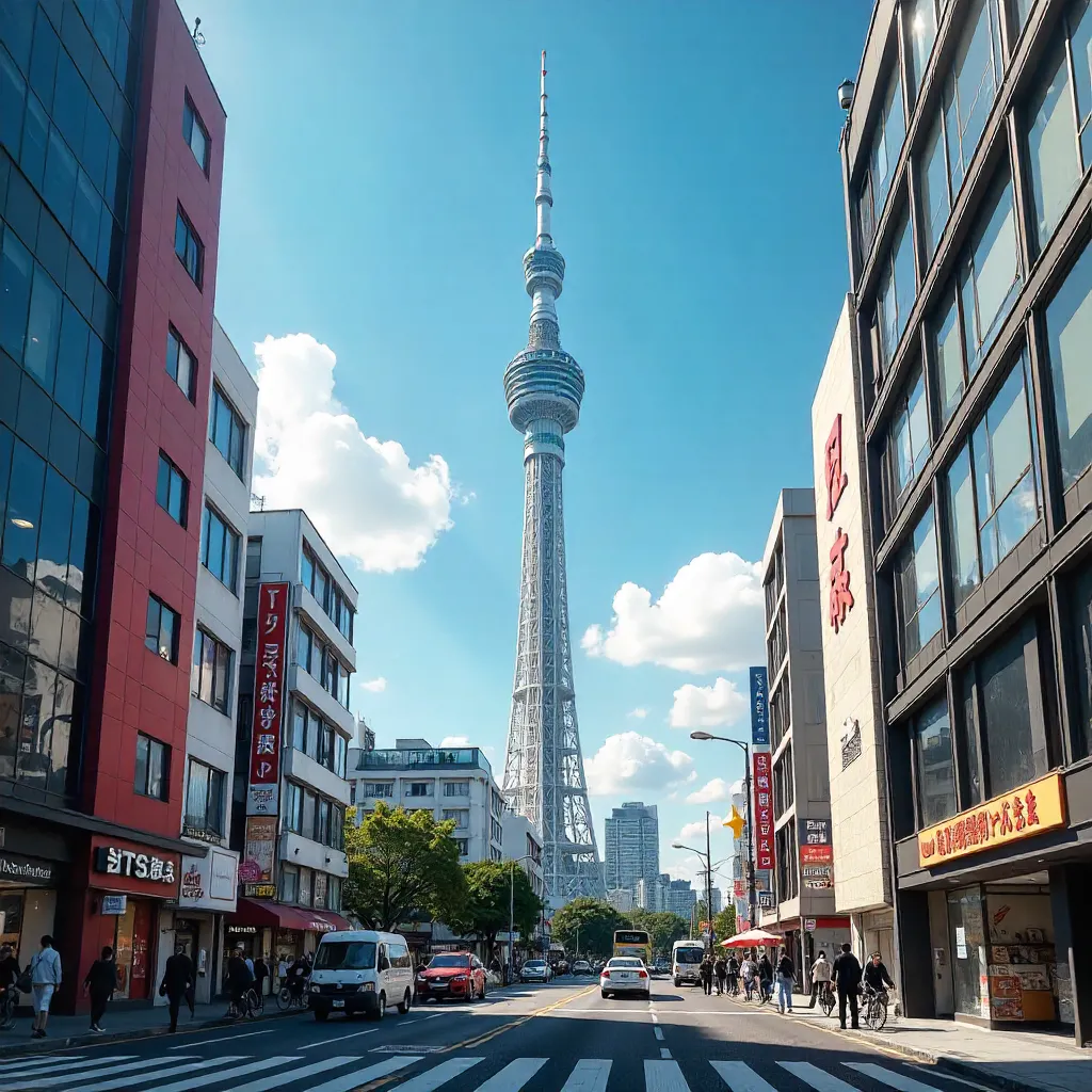 Tokyo Skytree Over a Bustling City Street on a Clear Day