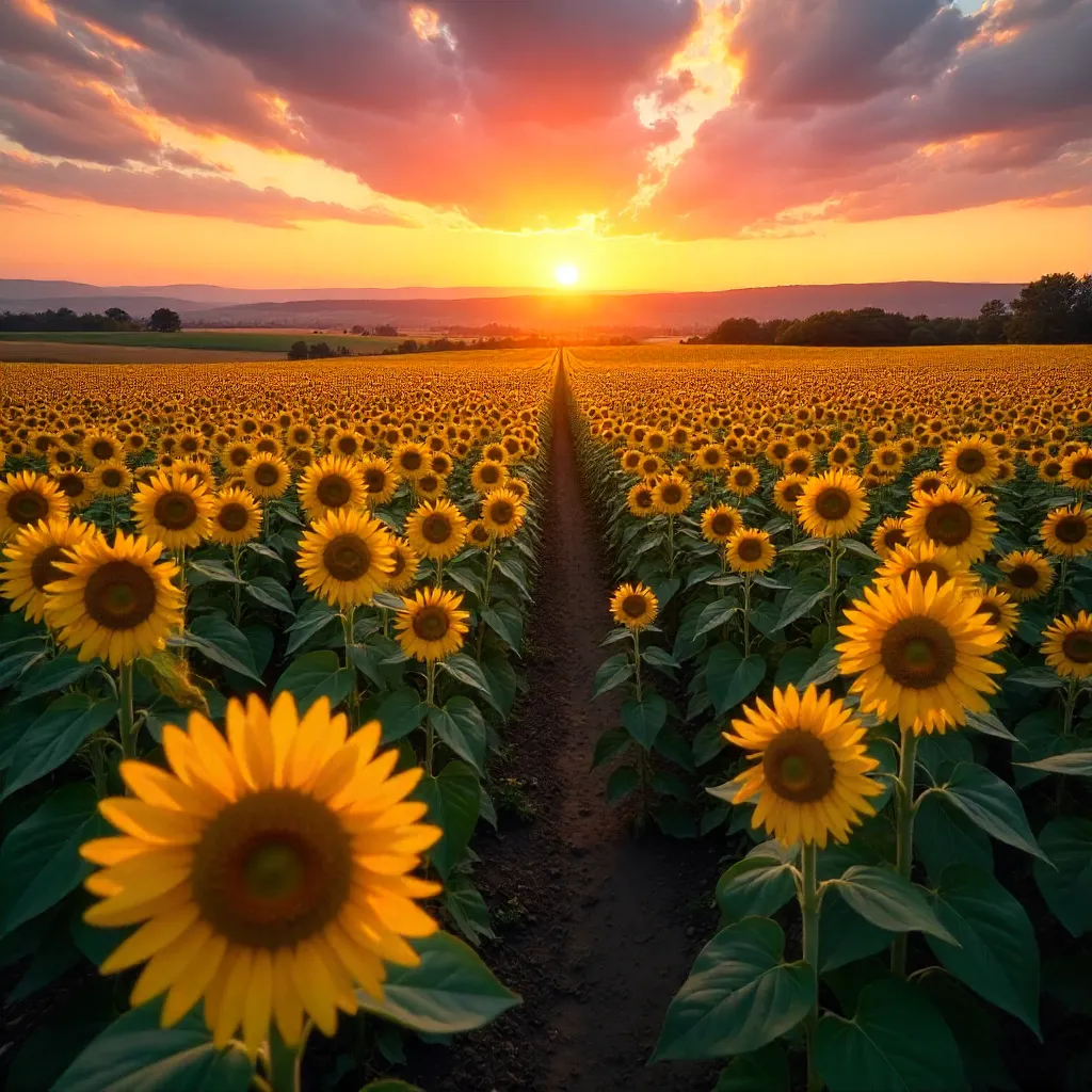 Golden Hour Sunflower Field Panorama