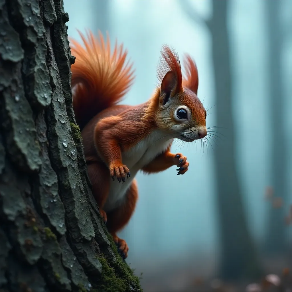 Red Squirrel Clinging to Foggy Forest Trunk with Fluffy Tail