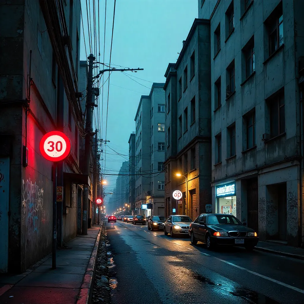 Concrete Urban Landscape with a 30 Sign and Parked Cars