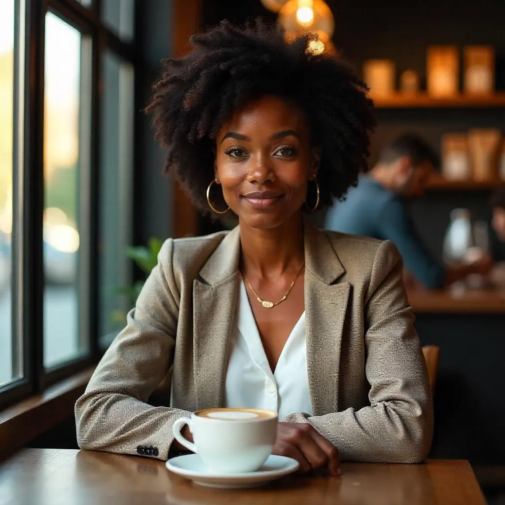 Confident Black Woman in a Cozy Cafe