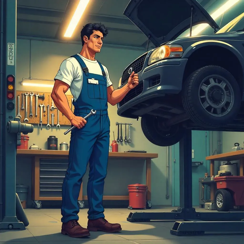 Professional Latino Anime Mechanic in a Bustling Workshop