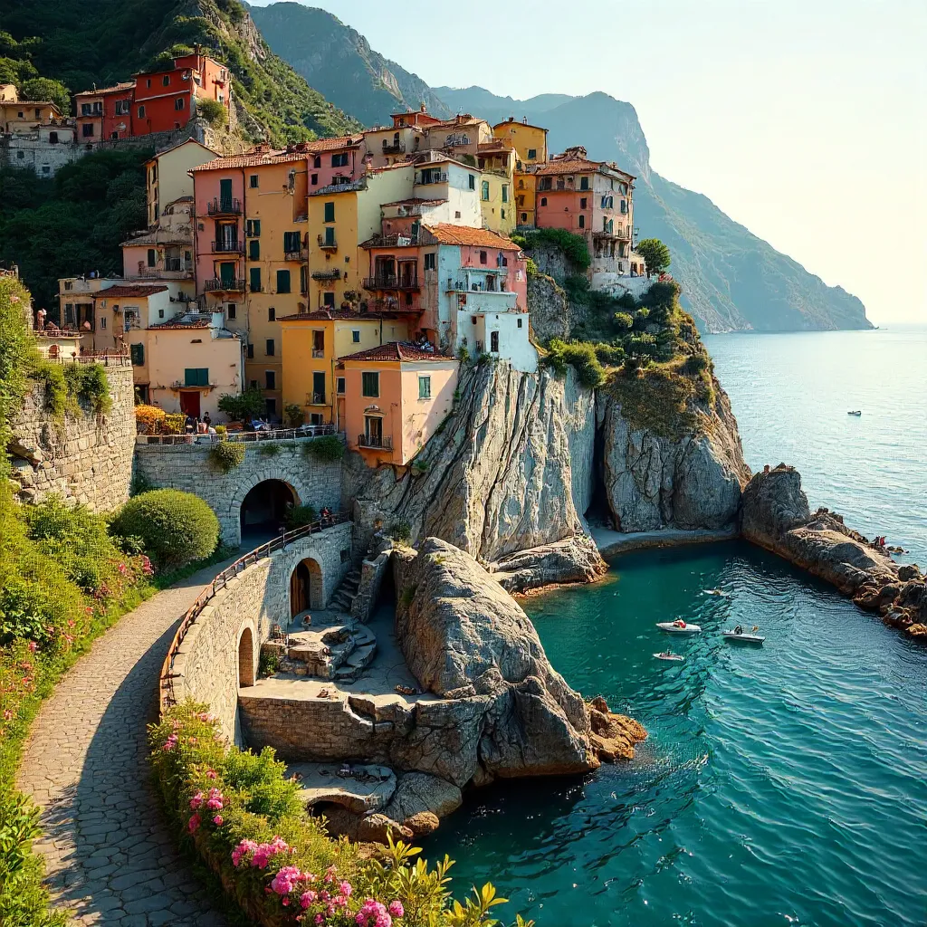 Pastel Cliffside Village Along the Amalfi Coast at Golden Hour