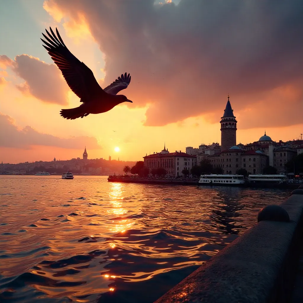Bird Over Golden Horn: Galata Tower at Sunset, Istanbul