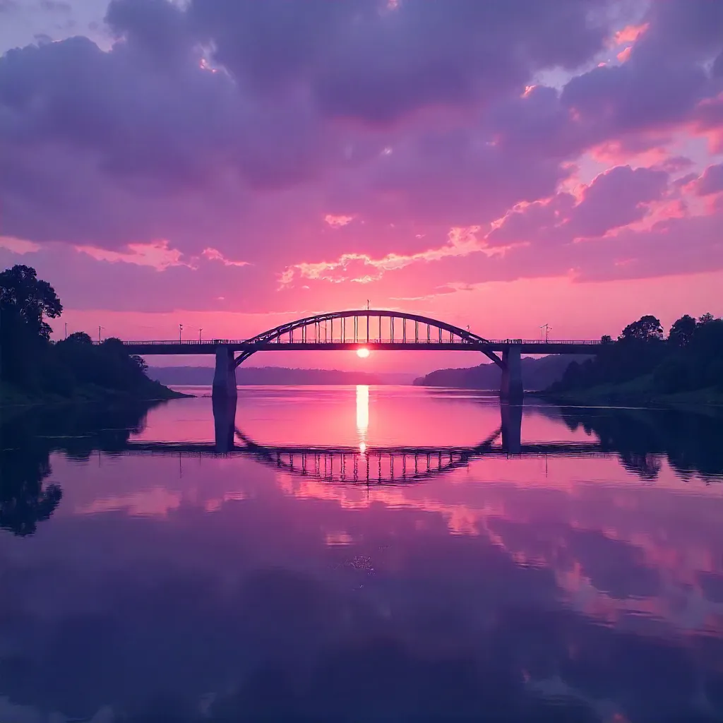 Purple Sunset Bridge Over Tranquil Water